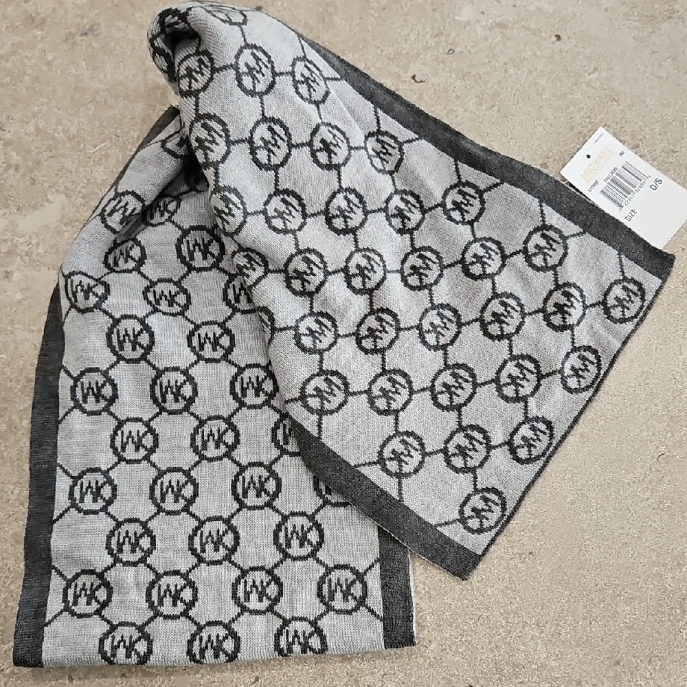 Michael Kors Gray and Charcoal Logo Knit Scarf